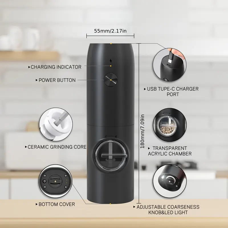 Rechargeable Electric Pepper and Salt Grinder Set, Automatic Pepper Grinder, with Charging Base, USB Cable, LED Light, Adjustable Coarseness, Single-Handed Automatic Operation, Black 2pcs 3