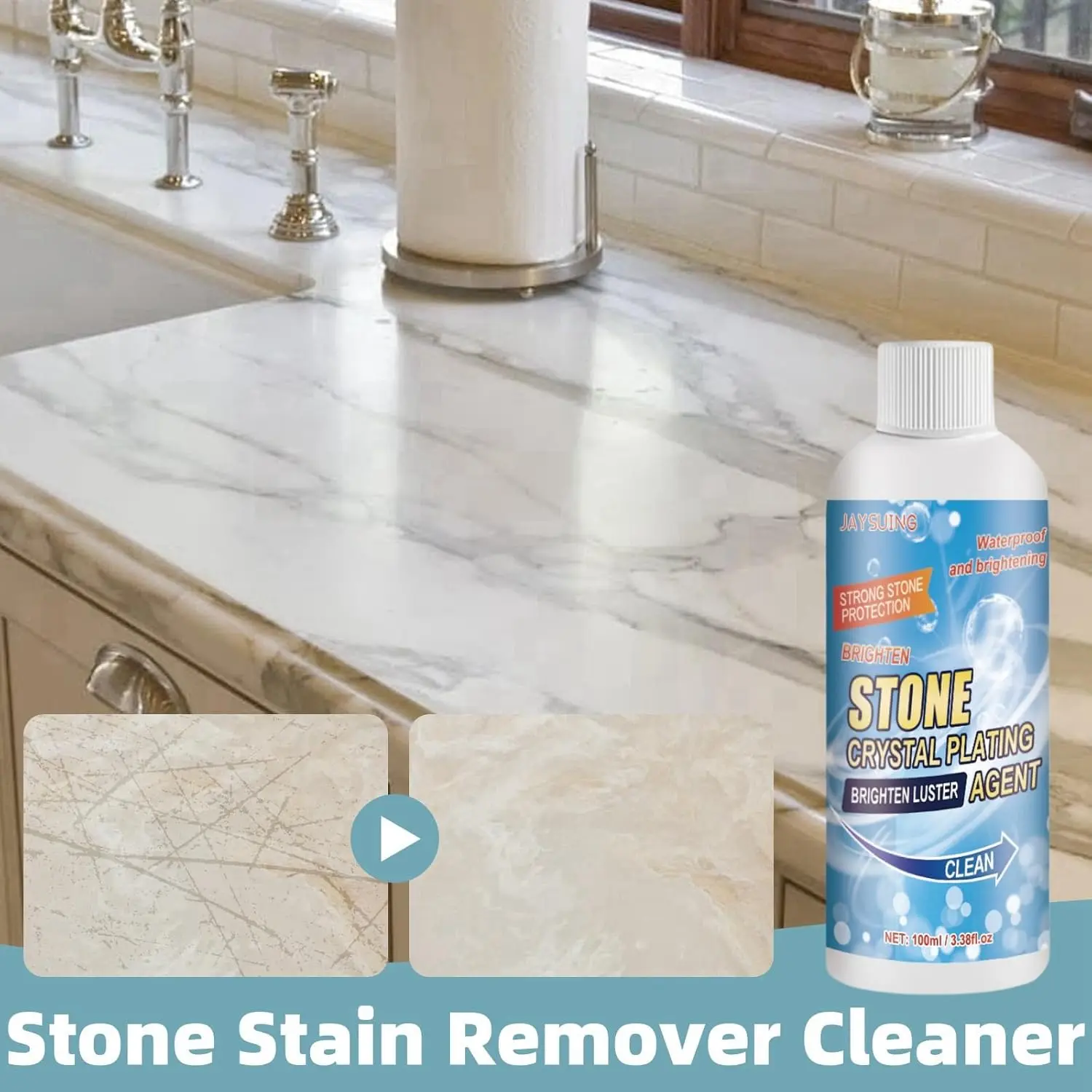 Remover Cleaner,Marble Stone Platform Cleaning,Quartz Worktop Cleaner,Stone Crystal Plating Agent,Granite Cleaner Spray,Kitchen Tile Cleaner,Natural Stone Cleaner with Sponge and Towel Household