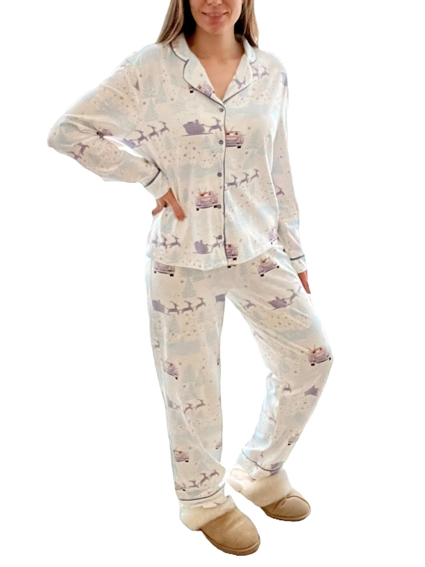 Women's White Winter Print Pyjama Set Long Sleeve with Purple Contrast Piping Size 8-18 Cute Gift Comfortable Stretchy Nightwear