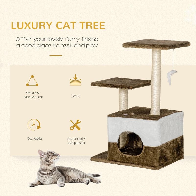 Cat Tree Tower Kitten House Scratching Posts with Condo Perch Interactive Mouse Toy, 45 x 33 x 70 cm, Brown 3