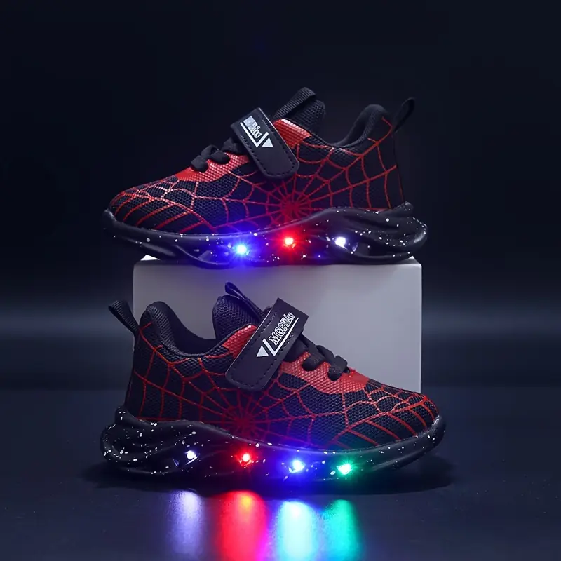 MGO Kidss LED Light Up Sneakers for Boys and Girls, Casual Sports Shoes with Luminous Spider Web Design, Mesh Upper and Fabric Inner, PVC Sole, Round Toe, Low Top, Spring/Fall and All-Season Wear, for Ages 1-6 5