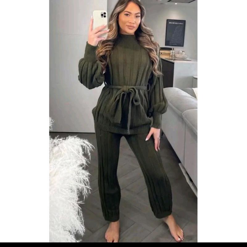 Women's High Neck Knitted 2PC Loungewear Set with Balloon Sleeves and Belt - Nightwear, Womenswear 4
