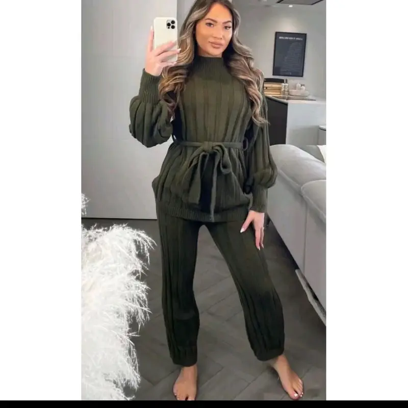 Women's High Neck Knitted 2PC Loungewear Set with Balloon Sleeves and Belt - Nightwear, Womenswear 4