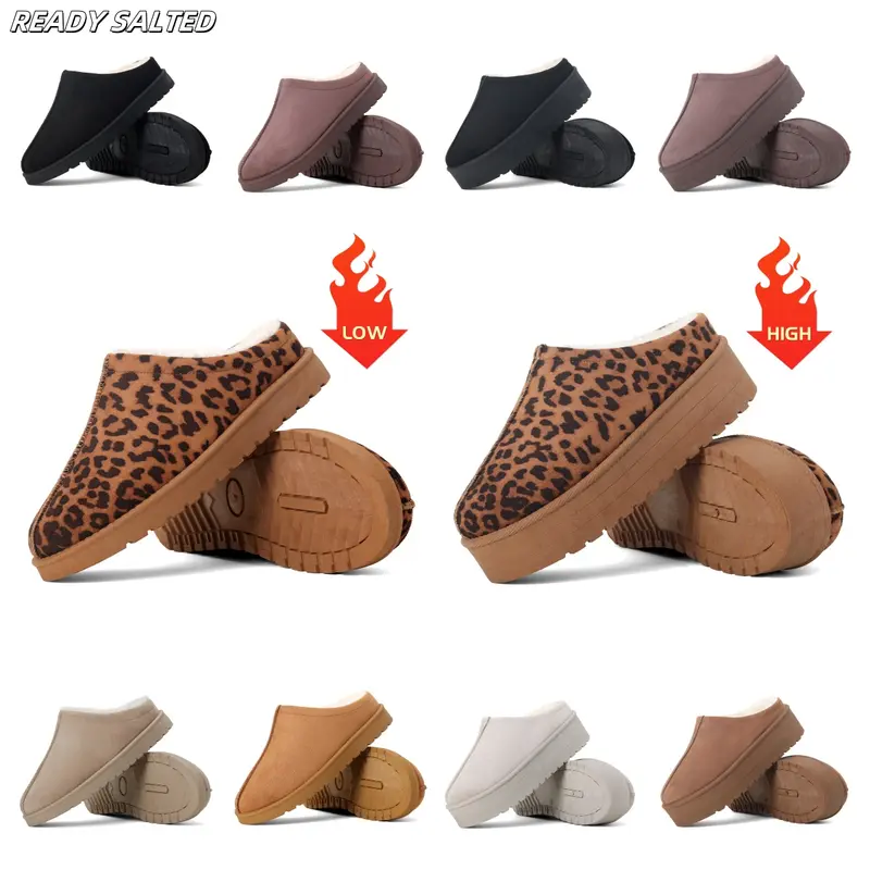 Ready Salted Autumn Winter Warm SuedeBraided Outdoor Slippers Fashion GenuineLeather Fluffy Fur Lining Shoes for AutumnWinter Flat Sole and Platform Sole 2 StylesOptional 0