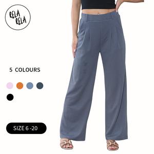 RELA RELA Petite Friendly High Waisted Plicated Side Pocket Wide Leg Work Pants UK 6-20 Comfortable Minimalist Trouser Womenswear Bottom Casual Clothing Day Elastic
