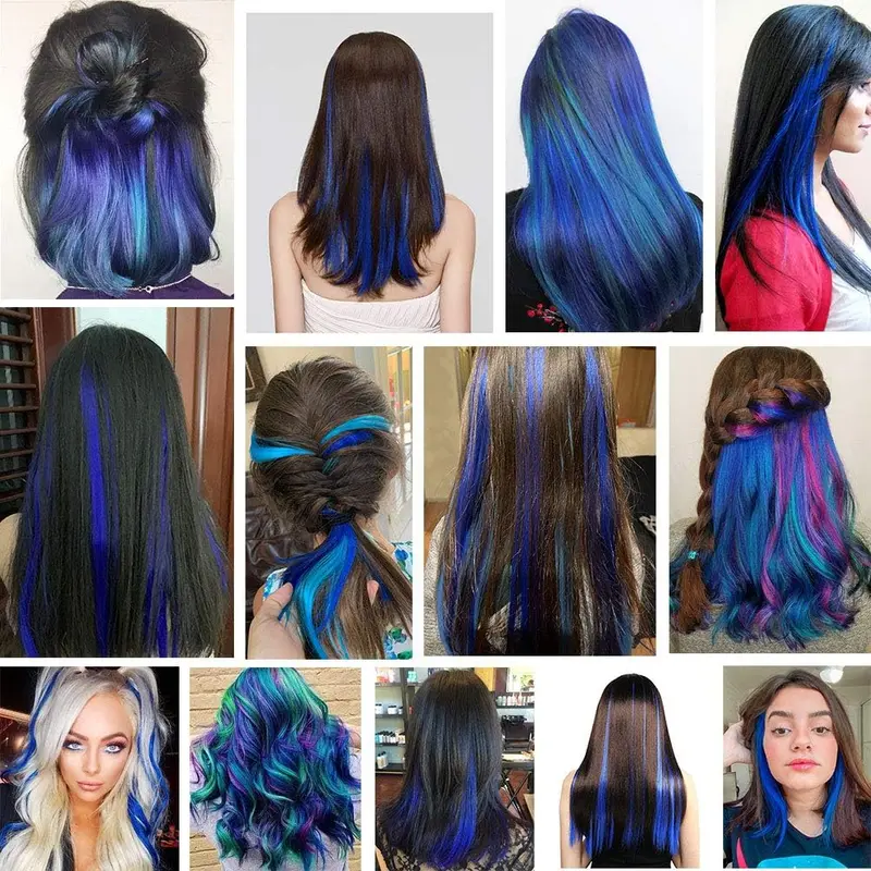 12Pcs Blue Hair Extensions Clip in Girls,21 Inch Heat-Resistant Synthetic Straight Blue Hair Accessories for Women Girls Gift Party Highlights Blue Hairpiece (Blue) 4