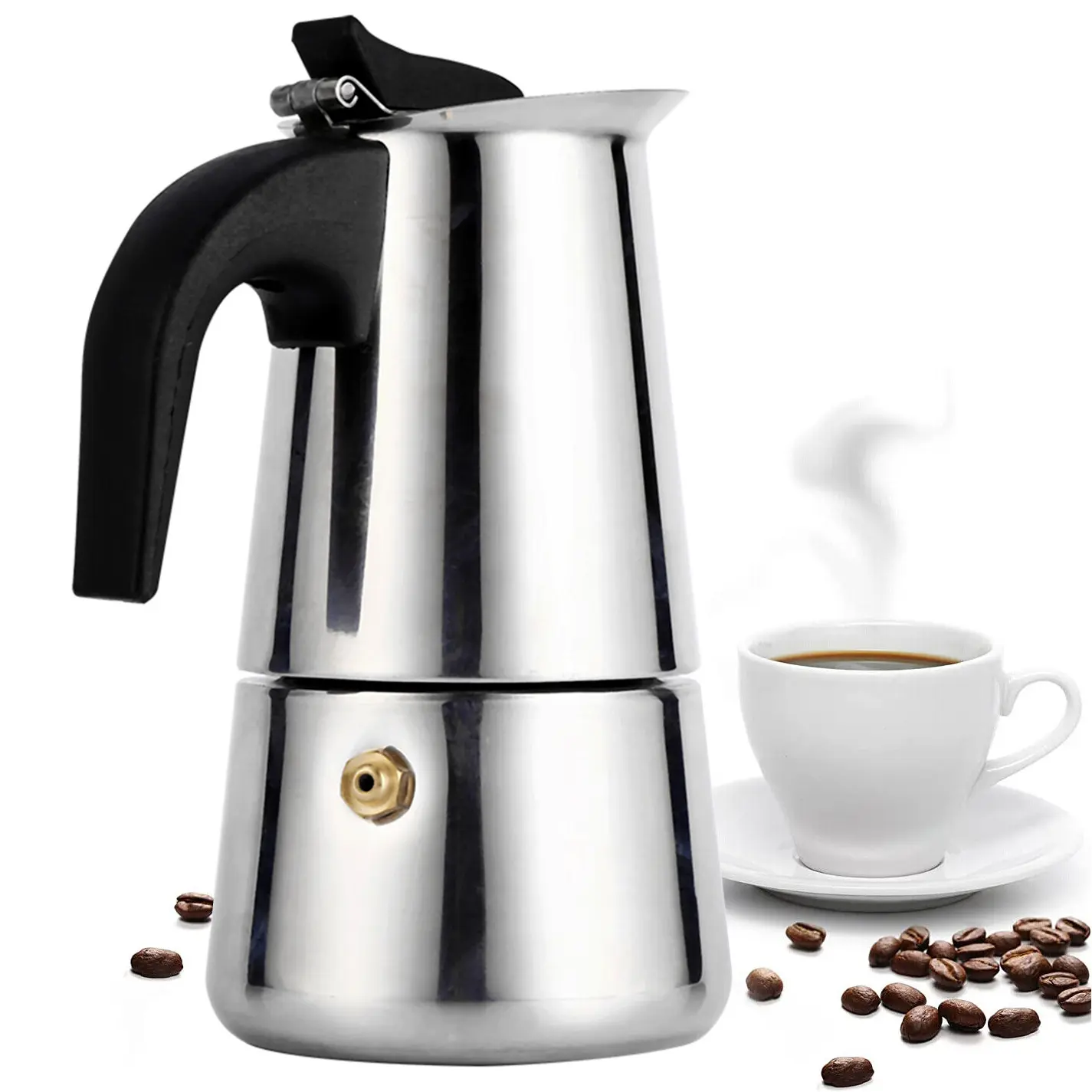 GEEZY 2 Cup Espresso Pot Italian Coffee Shot Maker Moka Pot Cooker Gas Electric Ceramic Stovetop Filter Stainless Steel Portable Silver 100ml Tea