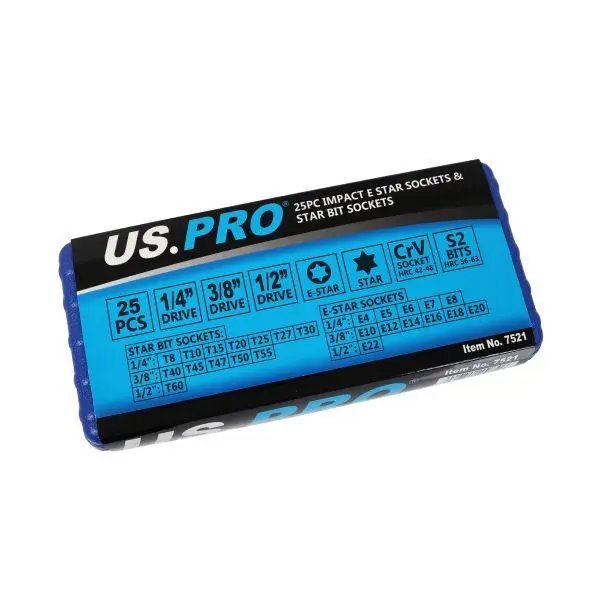 US PRO Tools 25pc 1/4 3/8 1/2” DR Impact E-Star Sockets & Star Bit Sockets Torx M&F 7521 3