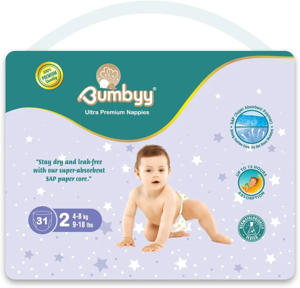Bumbyy Premium Baby Nappies Size 2 (4-8/kg/9-18lbs) - Chemicals Free and Dermatologically Tested Newborn Nappies - Hypoallergenic Soft & Thin Diapers for Most Sensitive Skin - 31 Count
