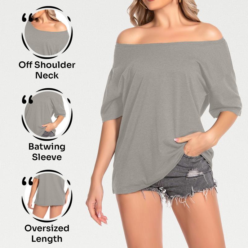 New Womens Off Shoulder Plain Oversized Slash Neck Baggy Tee T-Shirt Top Comfortable Fit Sleeve Summer Womenswear Casual 3