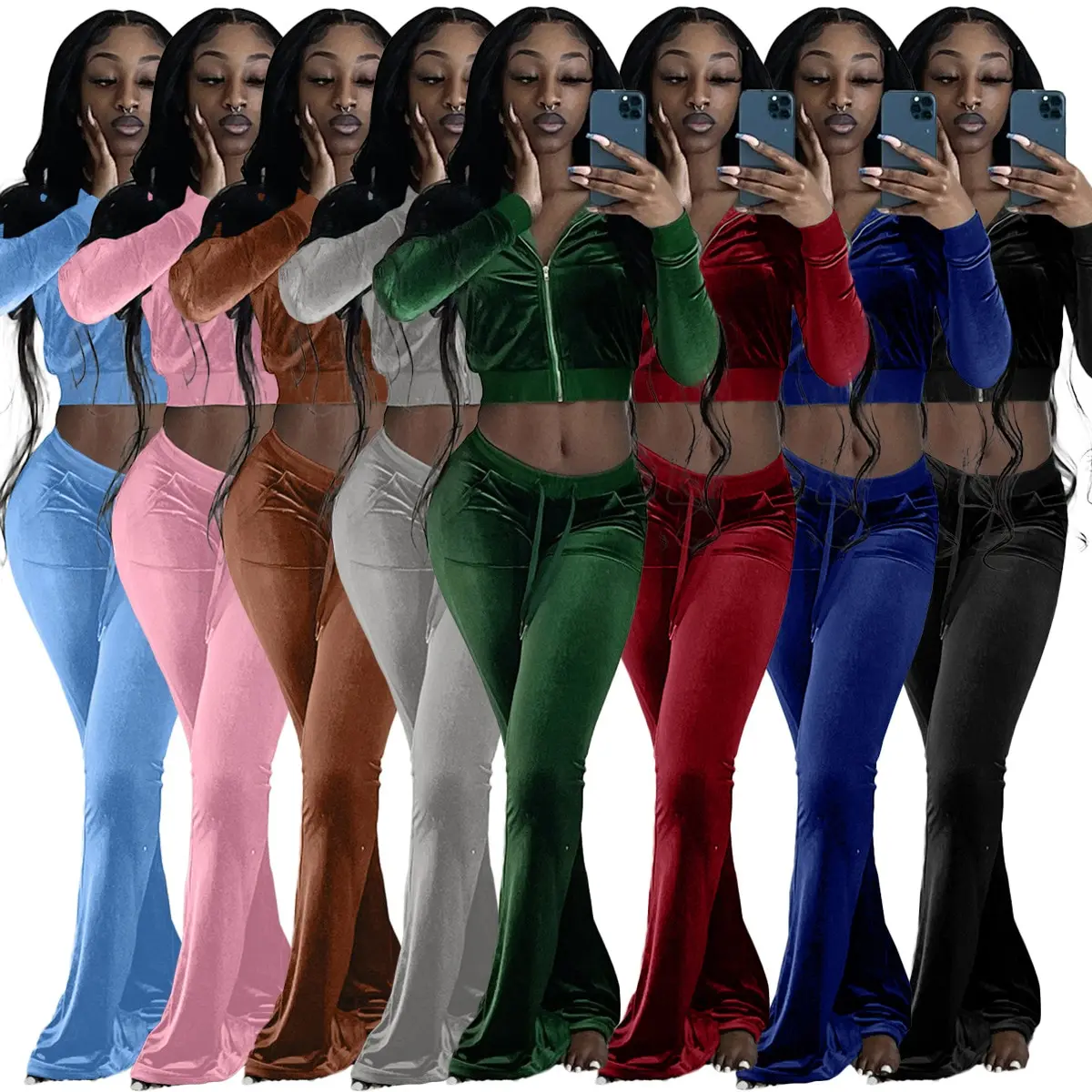 Women's Solid Velvet Two Piece Set Tracksuit Sweatsuit Outfits for Autumn and Winter - Overalls, Womenswear