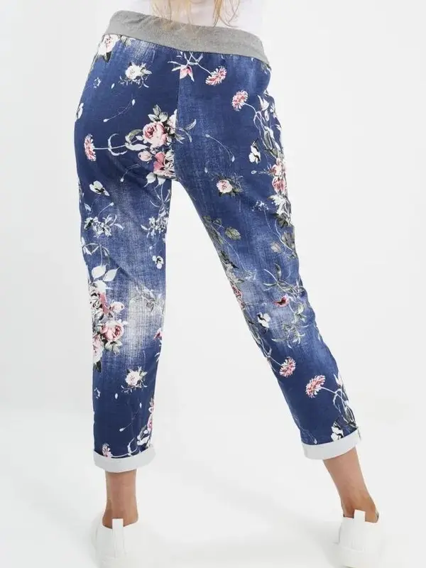 Womens Floral Print Turn Up Summer Bottoms Trousers Ladies Italian Joggers Pants 1