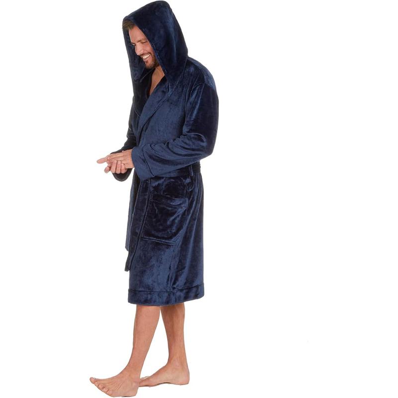 Mens Luxury Soft Coral Fleece Hooded Dressing Gown Robe Small-5XL 2