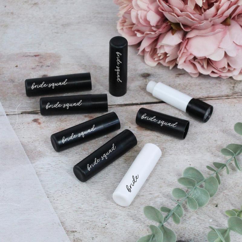 GiftsinaJiffy Black Bride Squad Lip Balms, White Bride Lip Balm, Black Hen Party Theme, Vanilla Flavour, Goody Bag Favour for Hen Do, Hen Party Bag Filler Compact Gentle Skincare Comfort 2