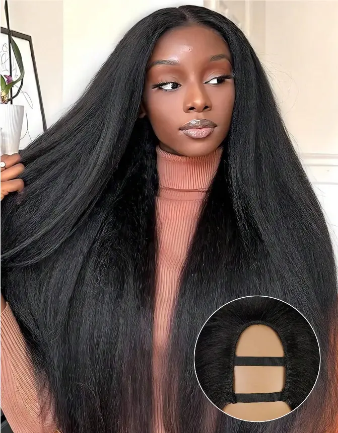 U Part Wig Kinky Straight Wigs For Black Women, Italian Half Wig Upgraded U Shape Clip In Wigs Yaki Straight U-Part Extension Synthetic Wigs For Black Women