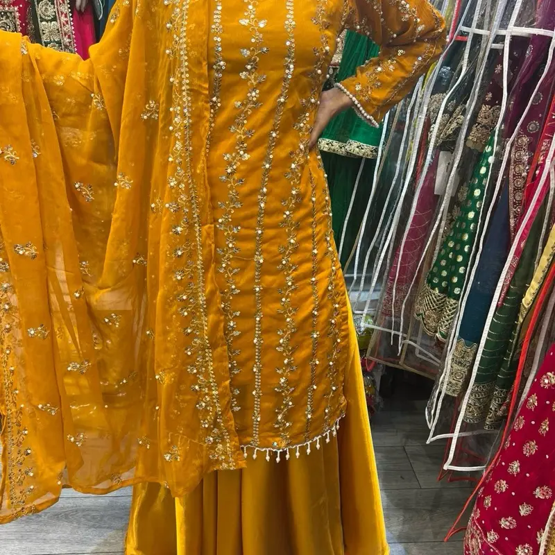 Hania pearl suit with silk sharara Mustard