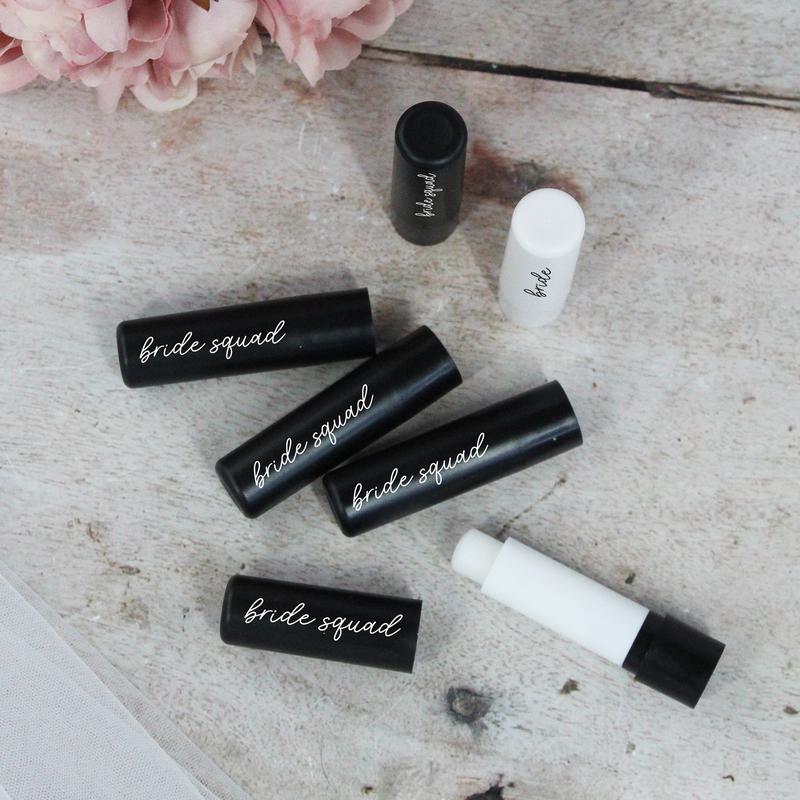 GiftsinaJiffy Black Bride Squad Lip Balms, White Bride Lip Balm, Black Hen Party Theme, Vanilla Flavour, Goody Bag Favour for Hen Do, Hen Party Bag Filler Compact Gentle Skincare Comfort 4
