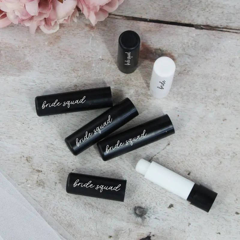 GiftsinaJiffy Black Bride Squad Lip Balms, White Bride Lip Balm, Black Hen Party Theme, Vanilla Flavour, Goody Bag Favour for Hen Do, Hen Party Bag Filler Compact Gentle Skincare Comfort 4