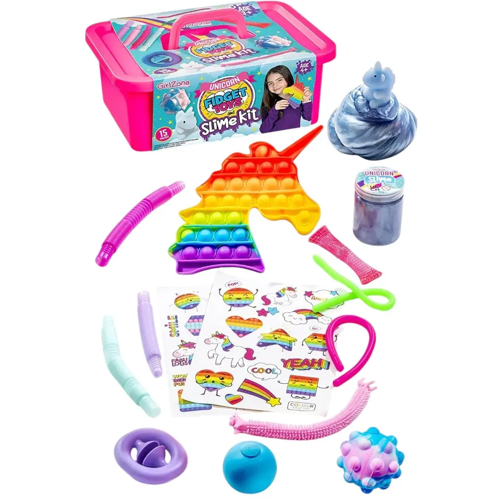 Girl Zone Unicorn Fidget Toys and Slime Kit 15 pcs for kids with anxiety obsessed