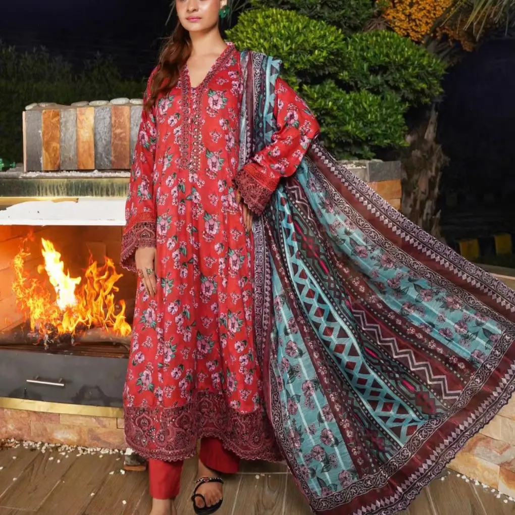 MLinen Frock Collection D7 031 Ladies Pakistani Readymade Frock Suit with Dupatta - Casual Womenswear Elegant Dress Embroidered