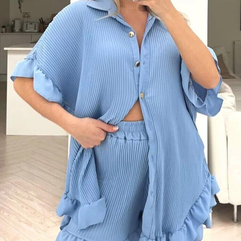Women's Gold Buttons Pleated Shirt Short CO-ORD Set 2
