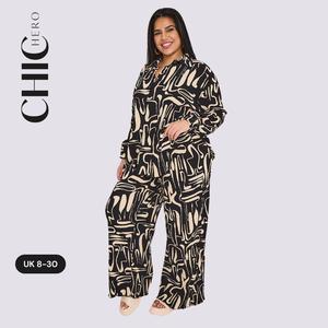 ChicHero Crinkle Abstract Print Dropped Shoulder Oversized Comfort Co-ord Shirt & Trousers Womenswear Casual Long Sleeve Fits Medium Overalls Stretchy Suits Fabric