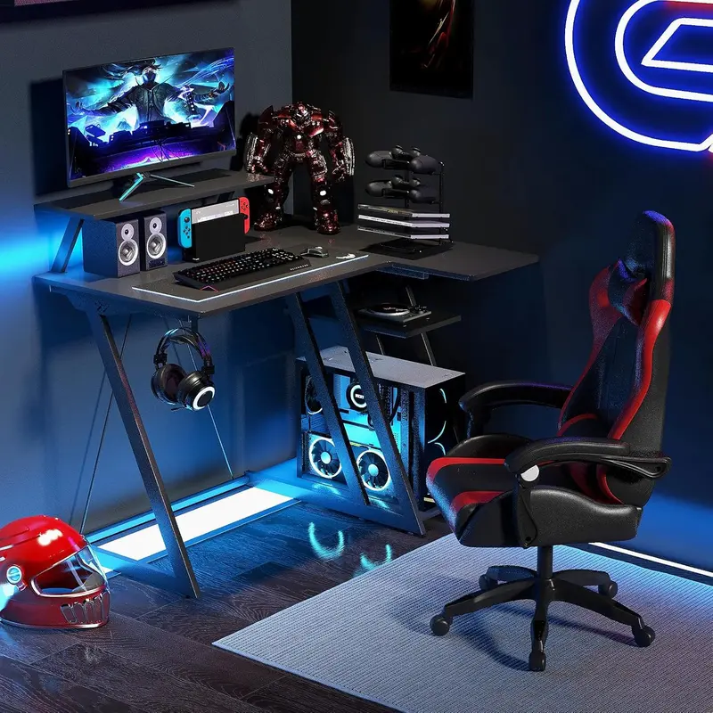 COSTWAY L-Shaped Gaming Desk, 100cm Study Table Writing Workstation with Monitor Shelf, Headphone Hook, Storage Shelf, Outlets & USB Ports, Home Office Computer Desk PC Laptop Table 1