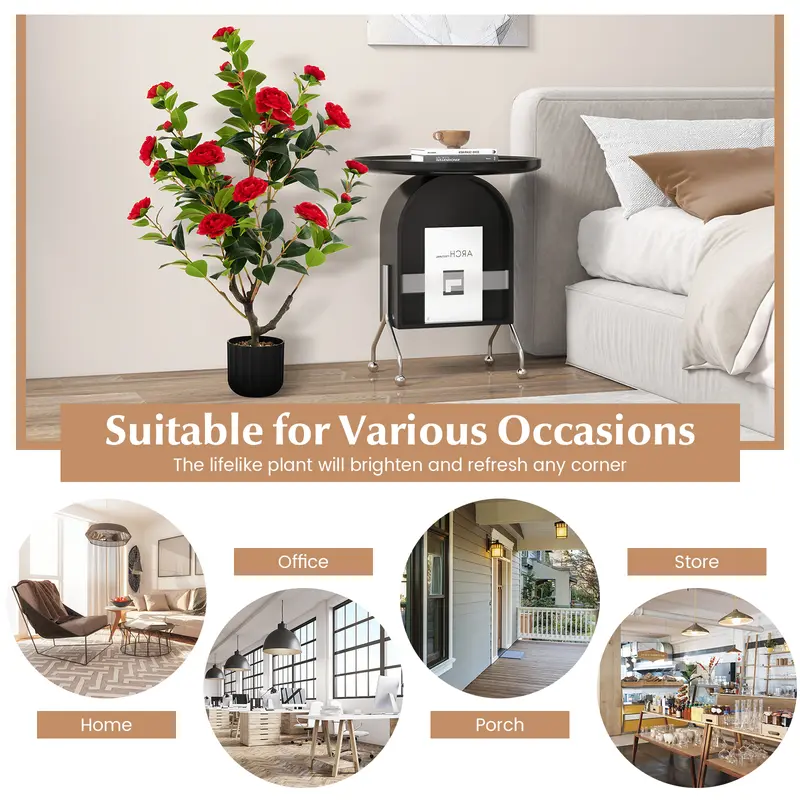 COSTWAY 1/2 Pieces 95cm Artificial Camellia Tree with Flowers and Rain-Flower Pebbles 6