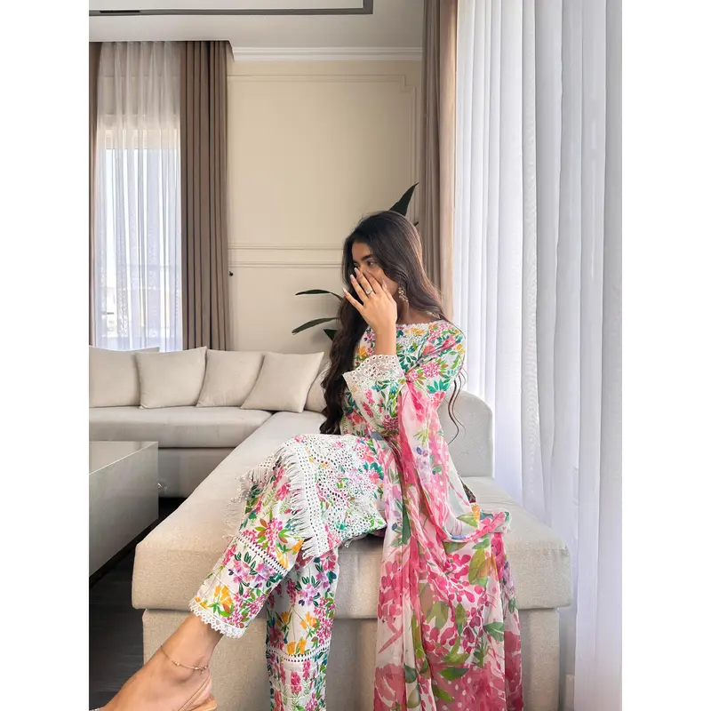 3 pcs Stitched WHITE lawn suit Ready to Wear with chiffon dupatta LNE-24017 5