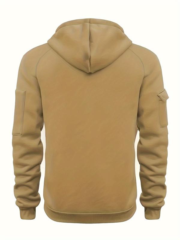 Men's Hooded Henley Shirt with Multiple Pockets, Casual Sports Pullover for Autumn/Winter, Polyester Knit Athletic Top 3