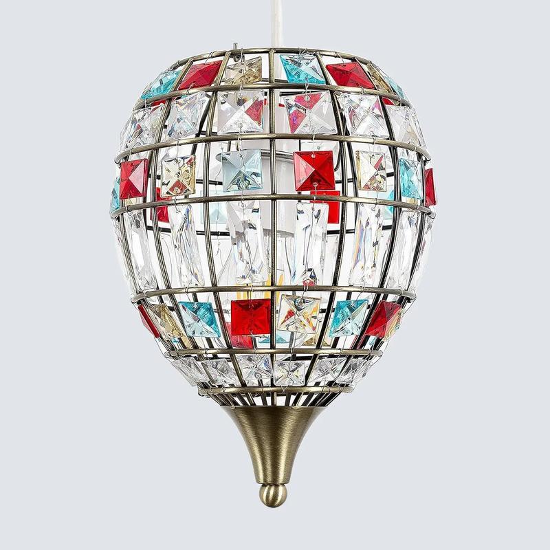 Traditional Antique Brass Cage & Multi-Coloured Acrylic Jewel Ceiling Pendant Light Shade 1