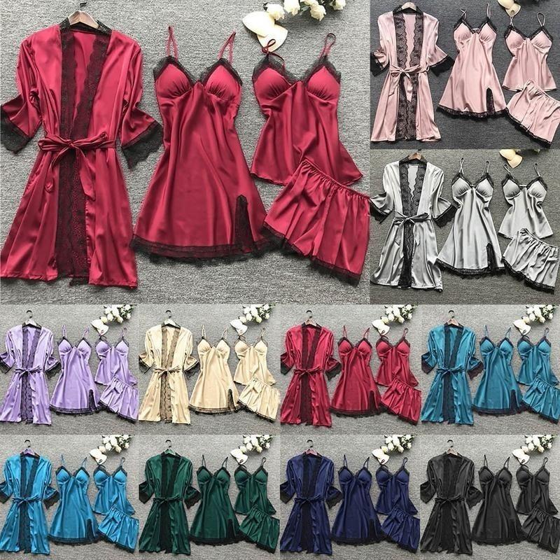Sleepwear Silk women nightdress lace dress robe pajamas set satin underwear for women full coverage negligee sexy lingerie 6