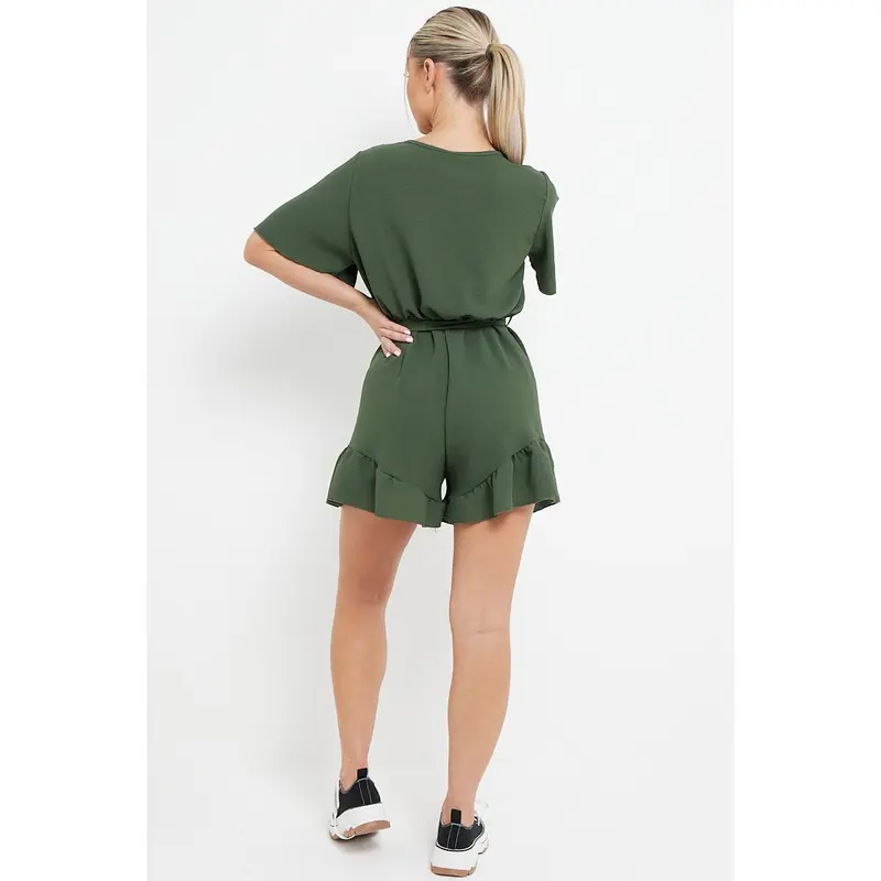 Women's Solid Color V Neck Wrap Ruffle Hem playsuit 8