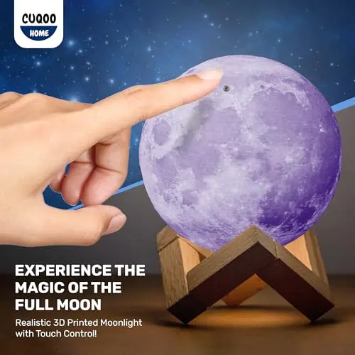 CUQOO 3D Moon Shaped Night Light with Elegant Wooden Stand Realistic White Light with Touch Control & USB Charging Rechargeable 3D Printed Bedside Beautiful Full Moon Table Lamp Universal Decorative Night Light for Bedroom Living Room, Indoor Lighting 3
