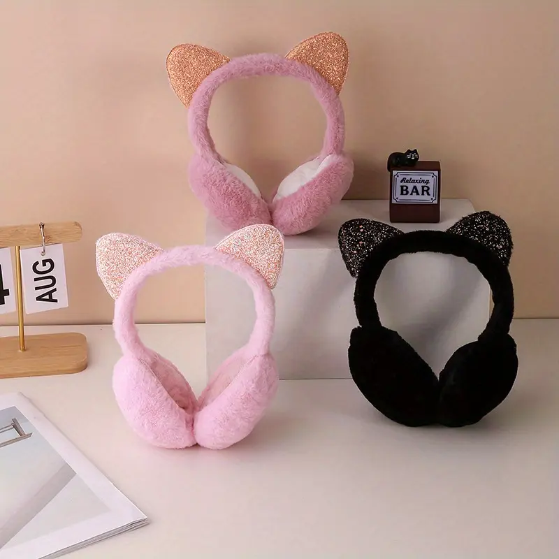 Cozy Sequin Cat Ear Plush Earmuffs - Adjustable, Soft & Warm Winter Ear Covers for Women - Perfect Christmas Gift 0
