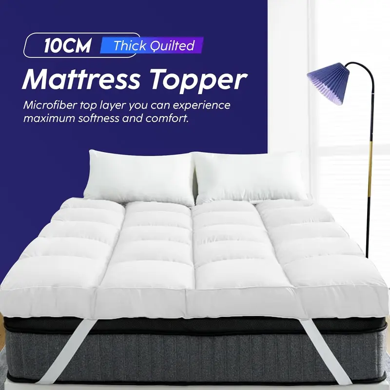 Mattress Topper 4" Inch Deep Luxury Soft Hotel Quality Microfiber All Sizes 10cm Mattress Topper Double Bed 4 Inch Thick - Quilted Topper Made with Fluffy Hypoallergenic with Strong Corner Straps for Luxury & Comfort Breathable Washable 0