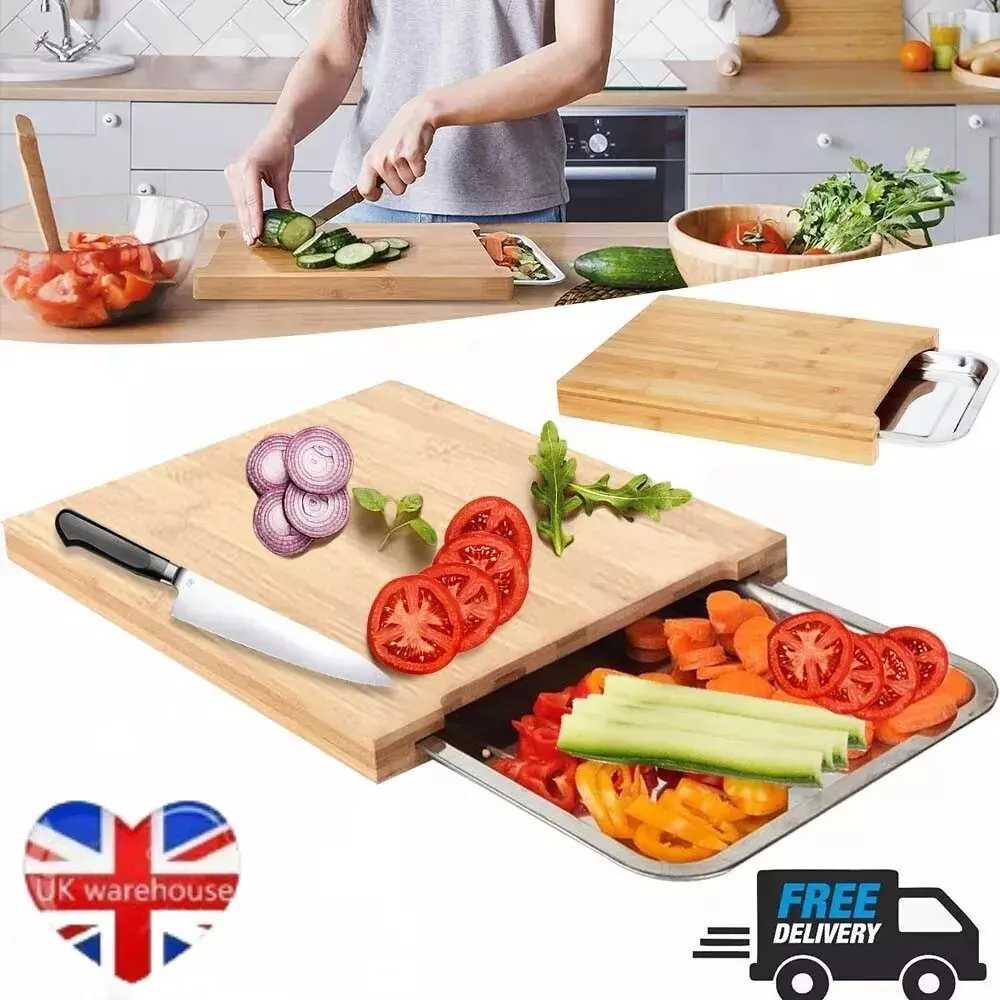 WOODEN BAMBOO CHOPPING BOARD CUTTING SLICING WITH SLIDING STAINLESS STEEL TRAY