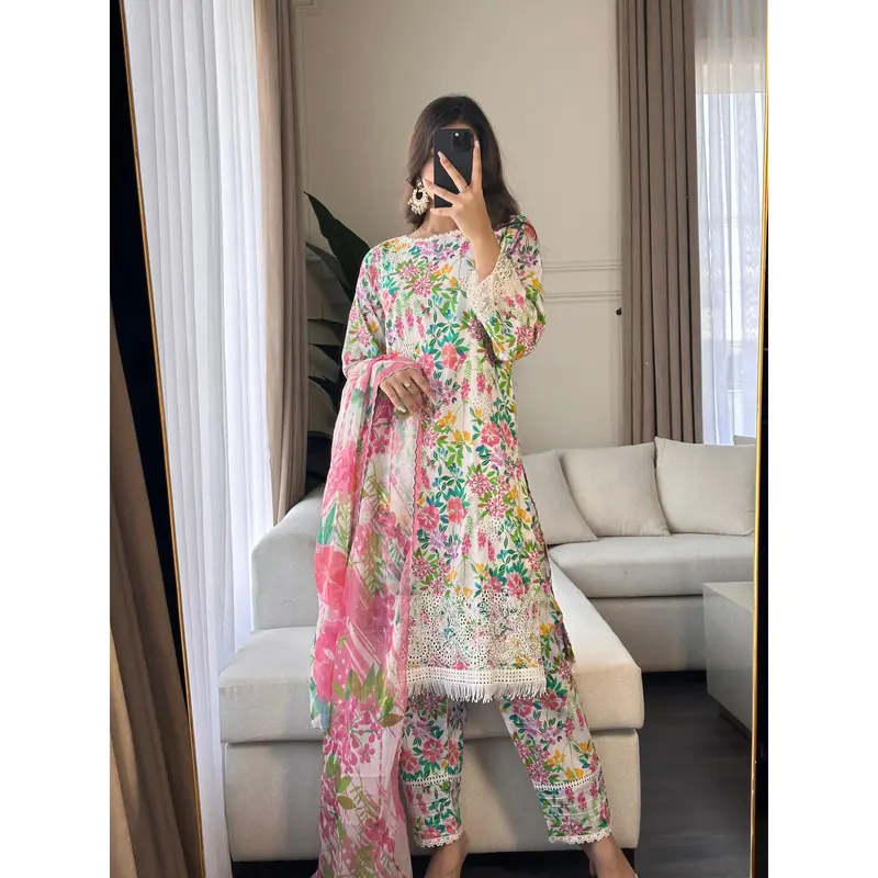 3 pcs Stitched WHITE lawn suit Ready to Wear with chiffon dupatta LNE-24017 6