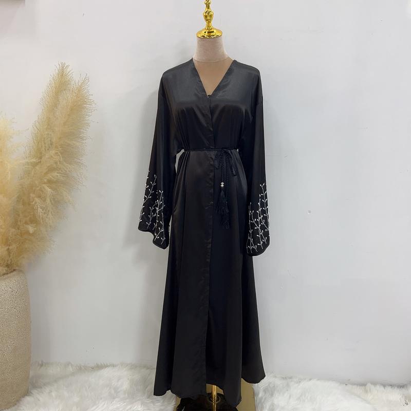 Product Introduction of HS1024 1pcs Satin Cardigan Handmade Beaded Dress Abaya 29
