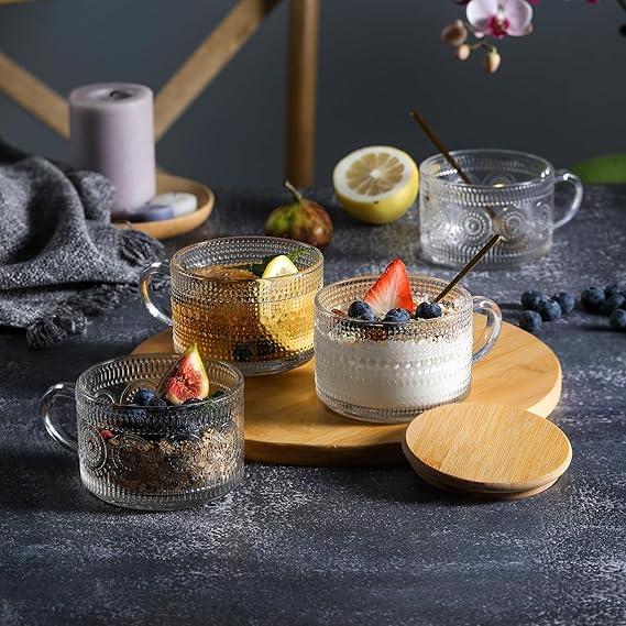 Product Introduction of 4 pc Vintage Coffee Mugs gifts for women, Overnight Oats Containers with Bamboo Lids and Spoons - 14oz Clear Embossed Glass Cups, Cute Coffee Bar Accessories, Iced Coffee Glasses Tumbler Sunflower Drinkware 3
