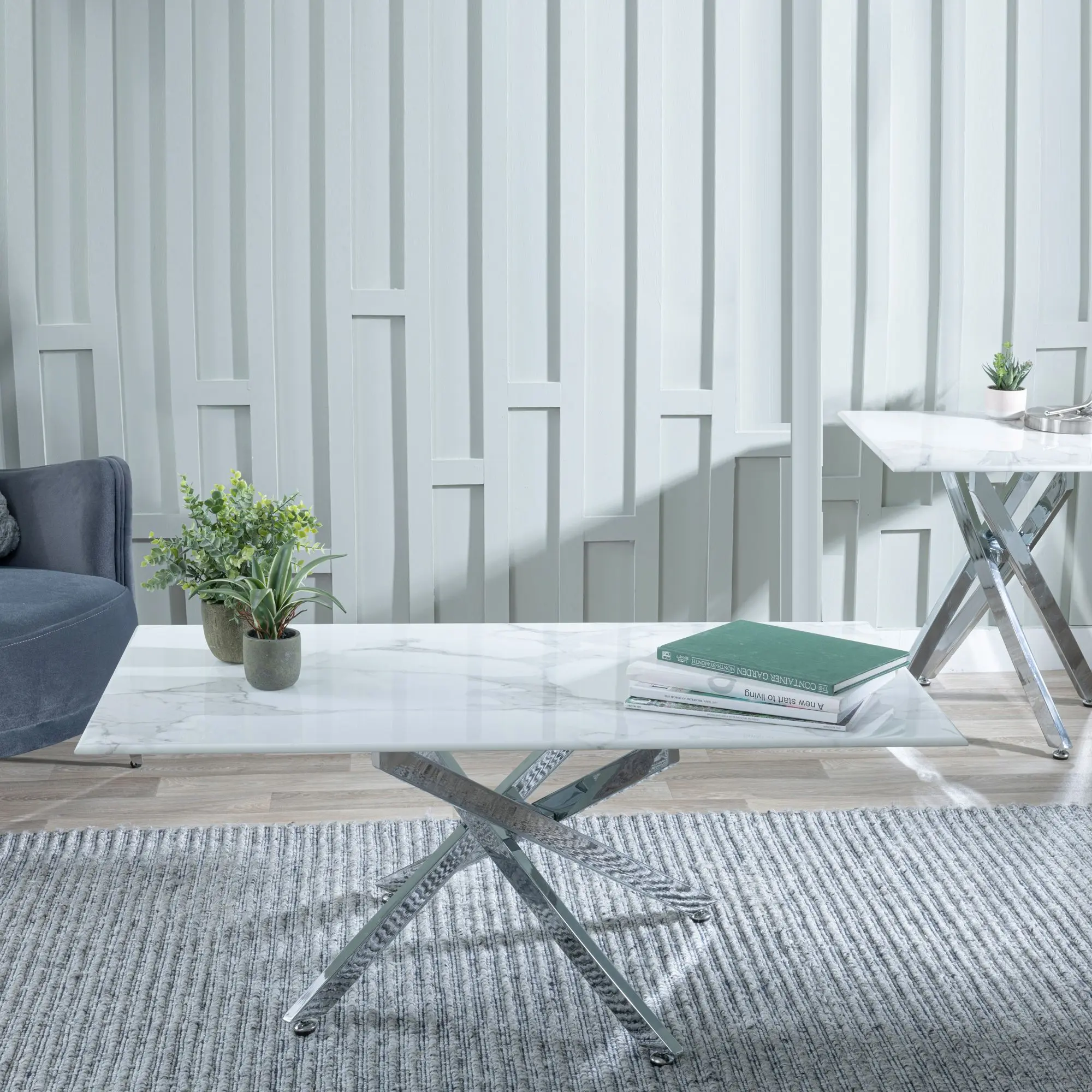 Chopstick White Glass Coffee Table with Chrome Metal Legs
