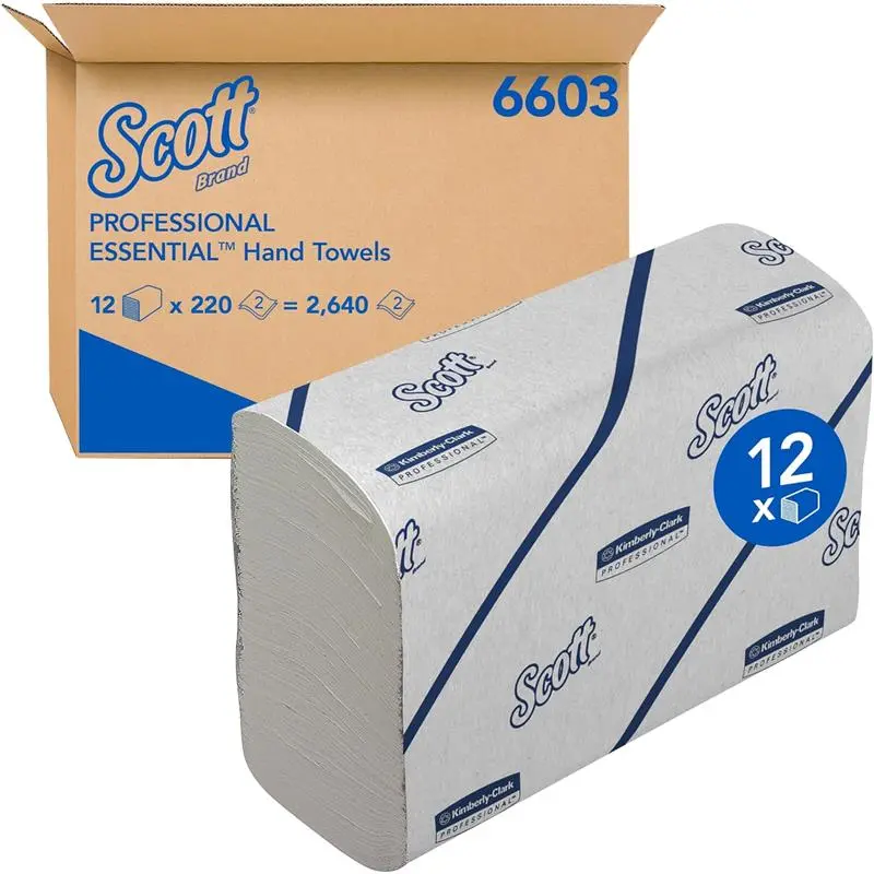 Essential Hand Towels 6603 - Narrow-Fold Paper Hand Towels - 12 Clips x 220 White Paper Towels (2,640 Total) Pack Napkin