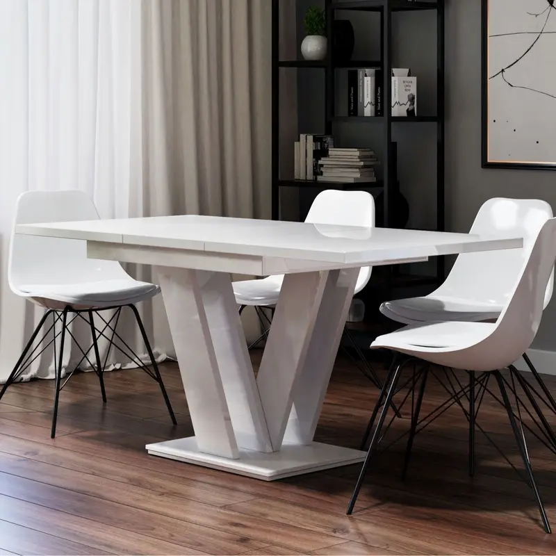 White Gloss Dining Table Small Kitchen Extending 120-160cm V Leg 6-8 Seats Masy 7