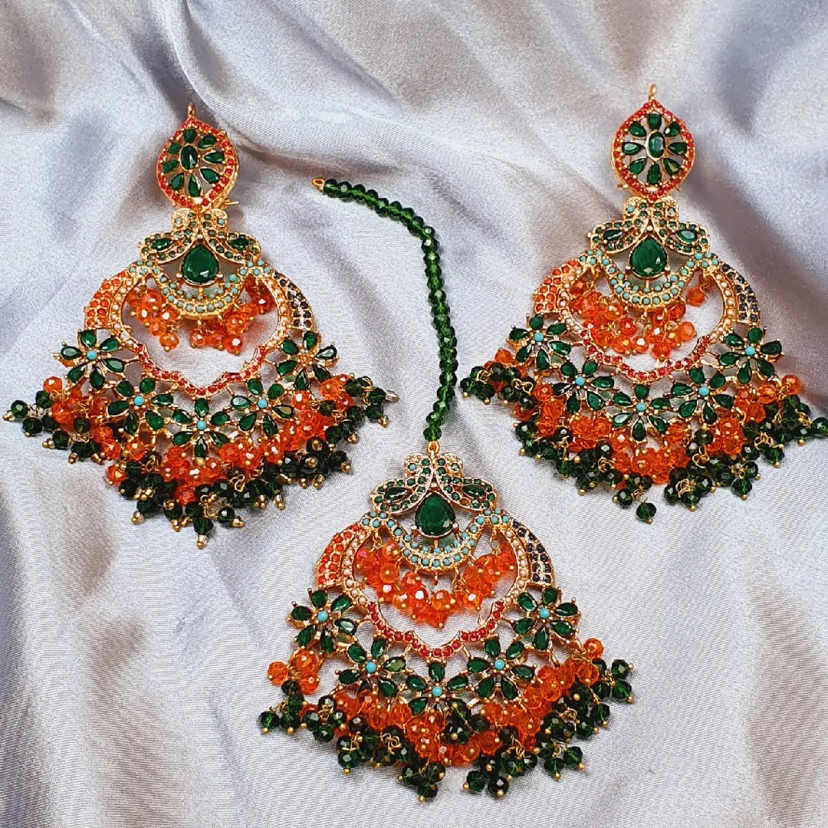 Pakistani Original Gold Plated Noratan Big Earrings with tika..
