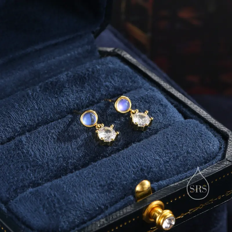 Moonstone and CZ Dangle Stud Earrings in Sterling Silver, Round Moonstone and CZ, Silver or Gold, Two CZ Prong Set Earrings 2