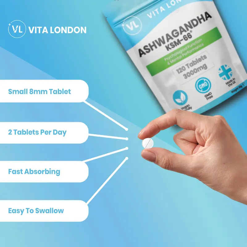 Ashwagandha KSM-66 Organic Tablets - 3000mg - High Strength - 120 Tablets (Not Capsules, Gummies Or Powder) - Vegan - Gluten Free - GMO Free - Dairy Free - Adult - Men & Women - UK - Vita London - Wellness Supplement Autumn Winter Healthcare Vitamins 4