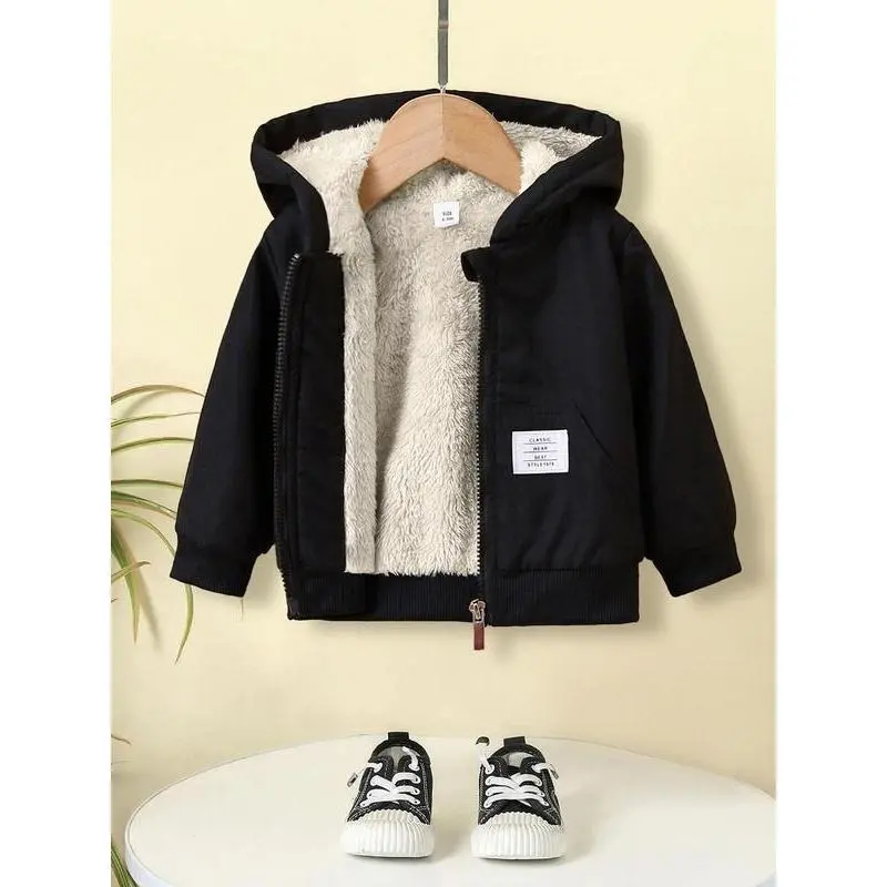 【2025】Baby's Pocket Zipper Thermal Lined Hooded Jacket, Letter Patched Long Sleeve Outerwear, Casual Warm Outerwear for Infant Toddler Kids, Cozy Winter Outfits for Kids Children, Comfort Winter Clothes 6