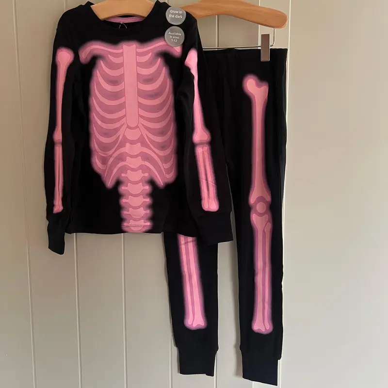 Girls Boys Skeleton Glow In The Dark Pyjamas Halloween PJs Age 1-12 Years Black Pink 1