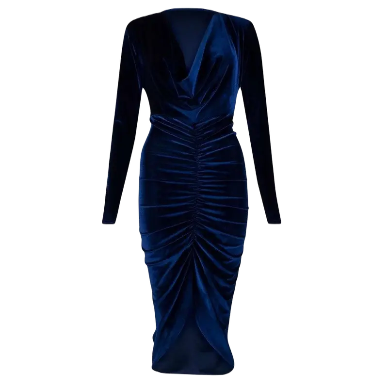 Women’s Bodycon Midi Dress Ladies Velvet Ruched Party Dresses Long Sleeve Cowl Neck Womens Event And Club Wear Plus Size UK 8-26 Formal Comfort Womenswear Fit Chic Formal Wear Elegance Elegant 2