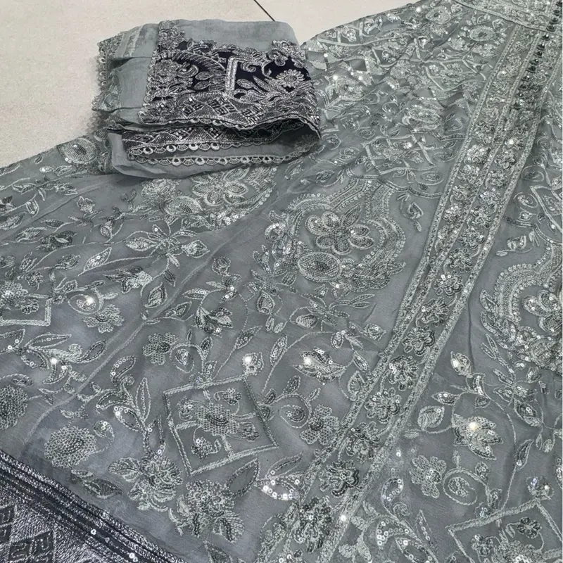 Silver/Grey JASMIN Long dress suit 3 piece Pakistani embroidered chiffon duppatta wedding edt S-XL Womenswear 2